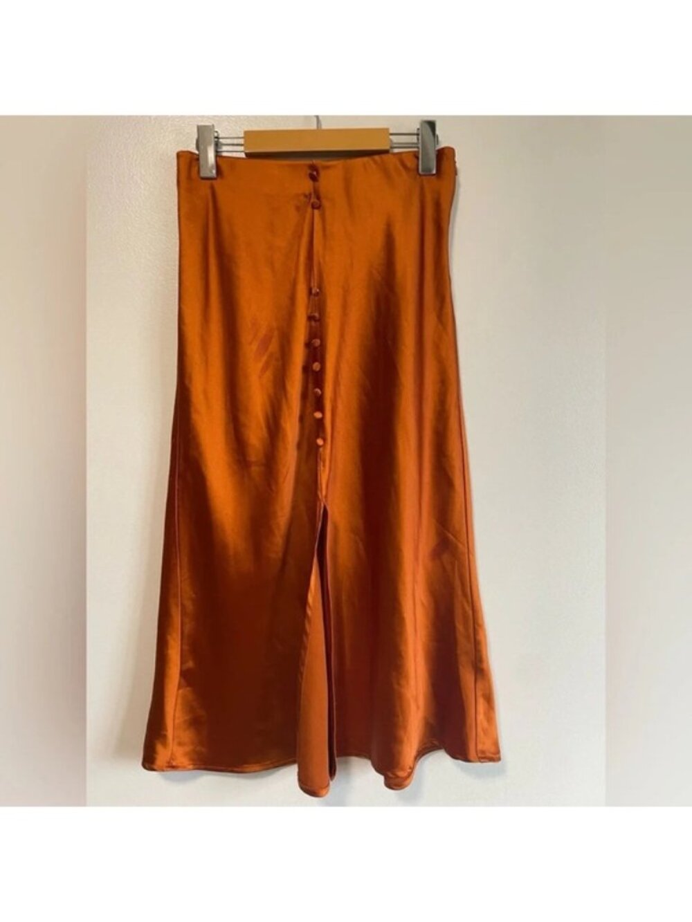 E.ssue Satiny  Orange Rust A Line Midi Skirt w Button Details & Front Slit - Med - Picture 2 of 8